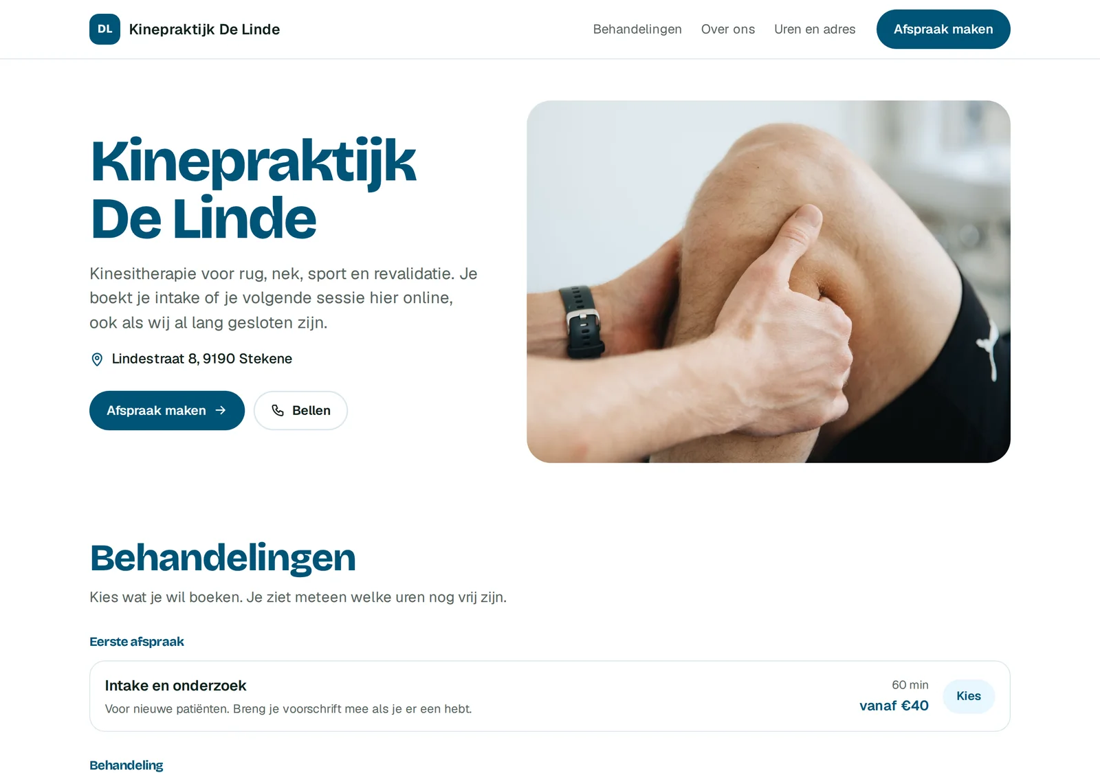 Exemple de mini site avec Bookable : Kinepraktijk De Linde avec ses prestations et un bouton pour réserver